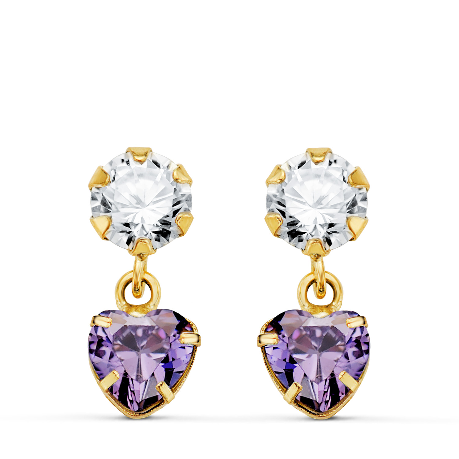 Amethyst heart earrings: 18 kt yellow gold