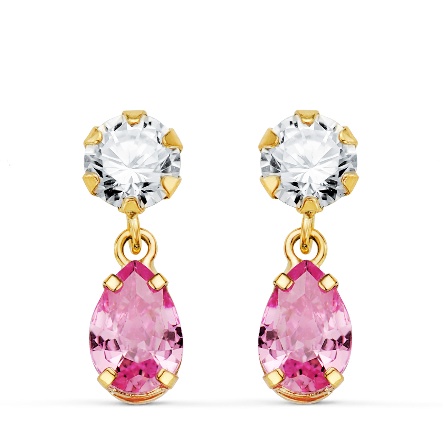 Pink stone teardrop earrings: 18 kt yellow gold