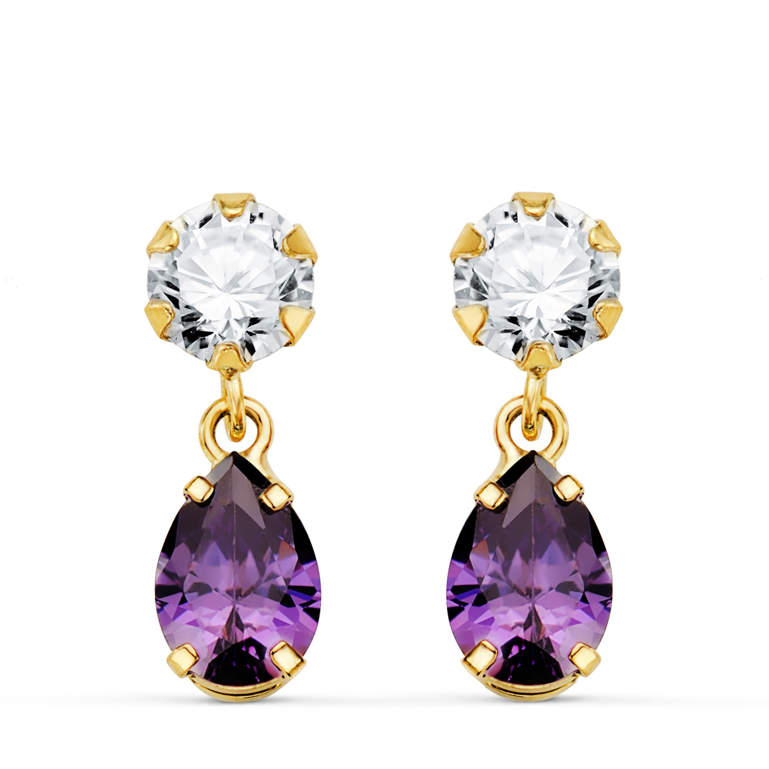 Amethyst teardrop earrings: 18 kt yellow gold
