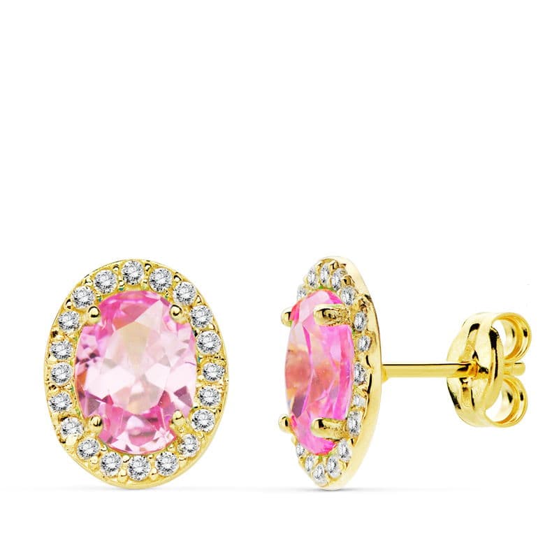Oval pink zirconite earrings: 18 kt yellow gold