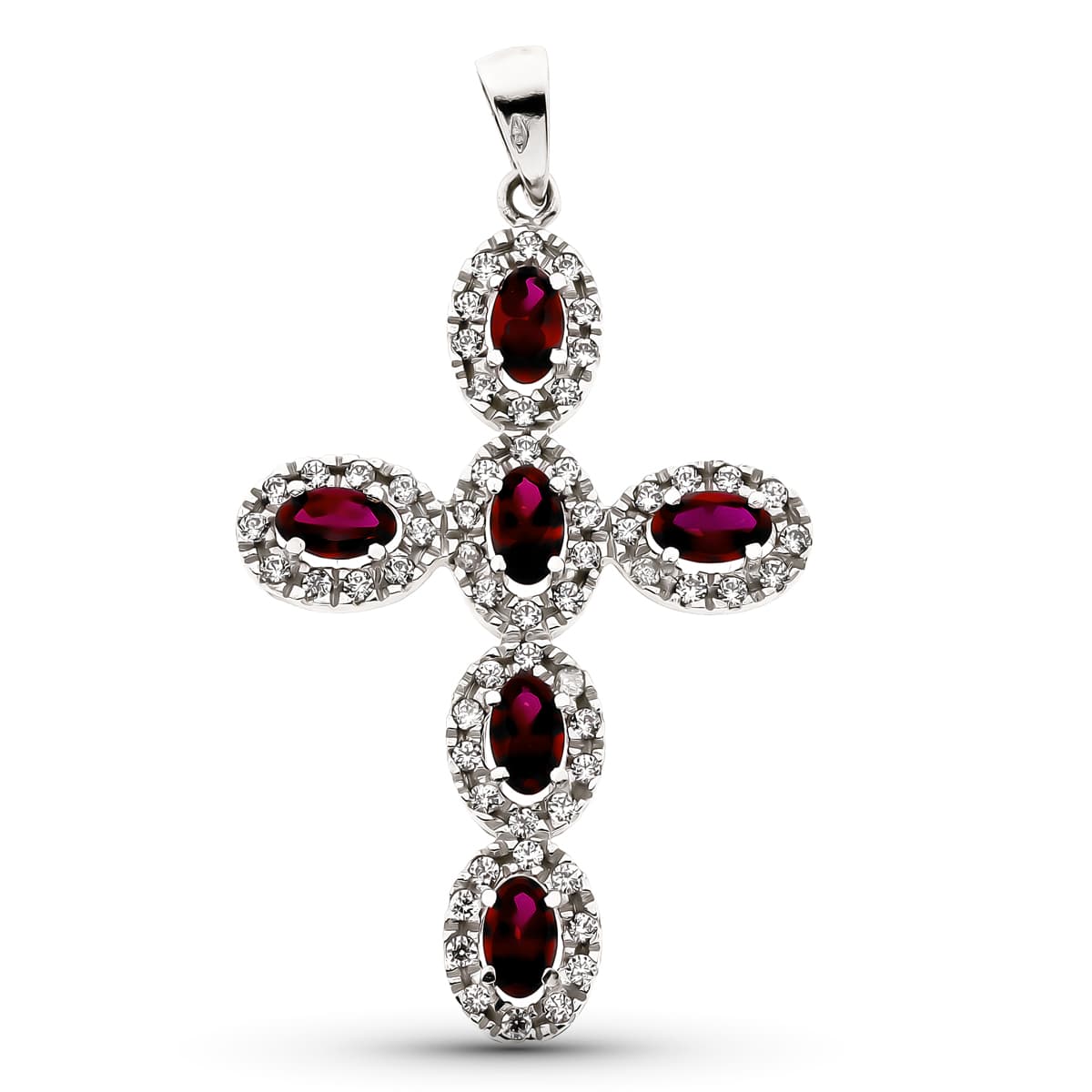 Deep red stones cross necklace: 18 kt white gold with zirconias