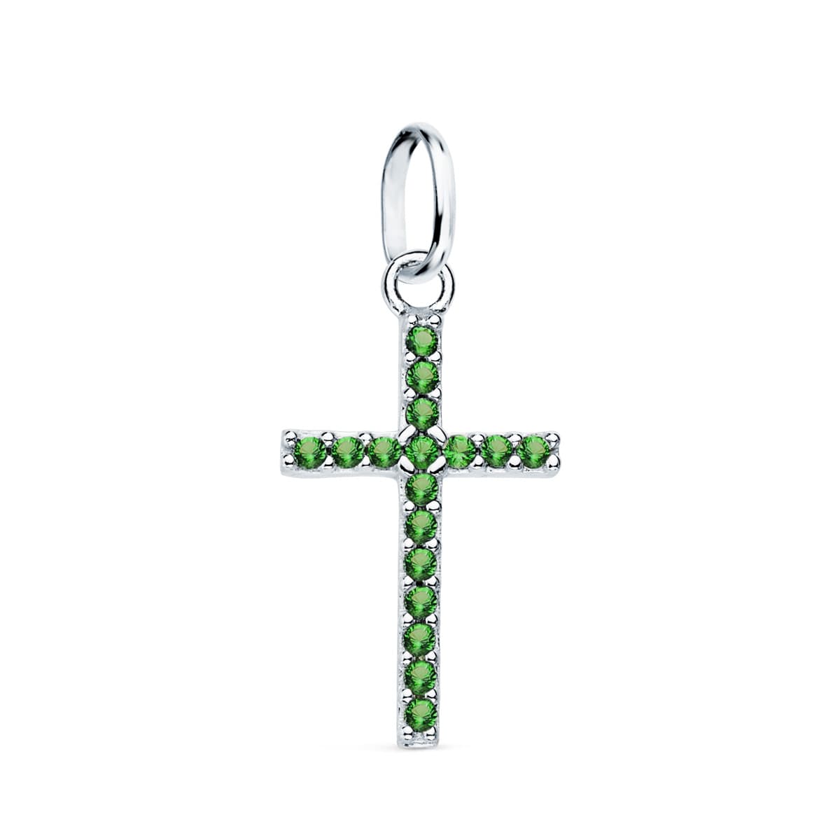 Modern cross green pendant: 18 kt white gold with zirconias