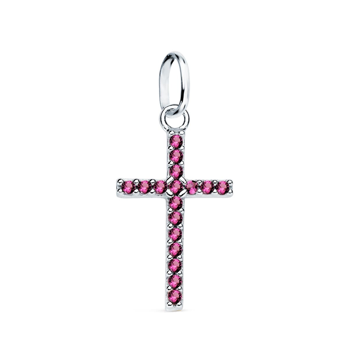 Modern cross amethyst pendant: 18 kt white gold with zirconias