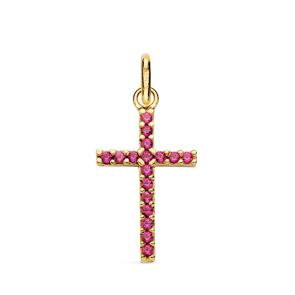 Modern cross red pendant: 18 kt yellow gold with zirconias
