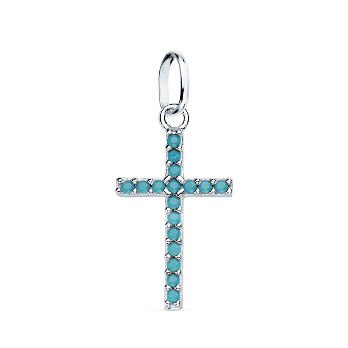 Modern cross turquoise stones pendant: 18 kt white gold
