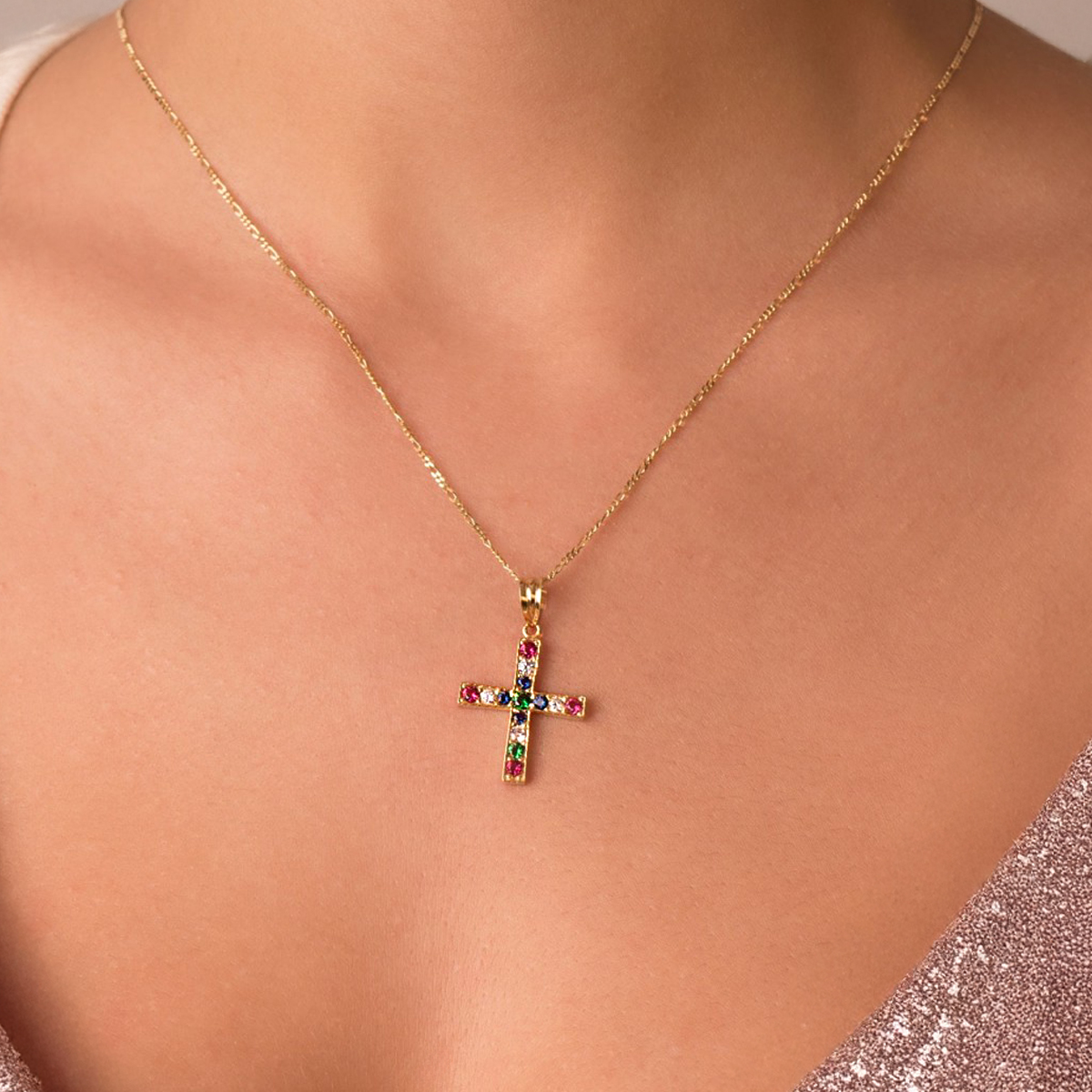 Multi-colored cross pendant: 18 kt yellow gold with zirconias