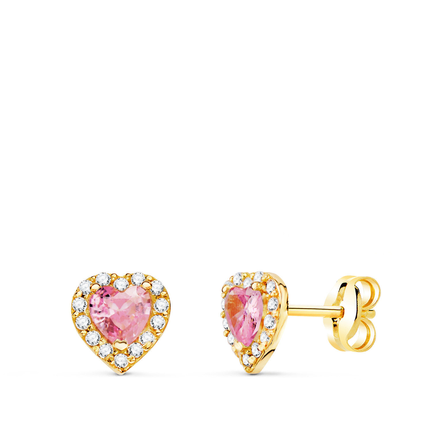Heart pink earrings: 18 kt yellow gold with zirconias