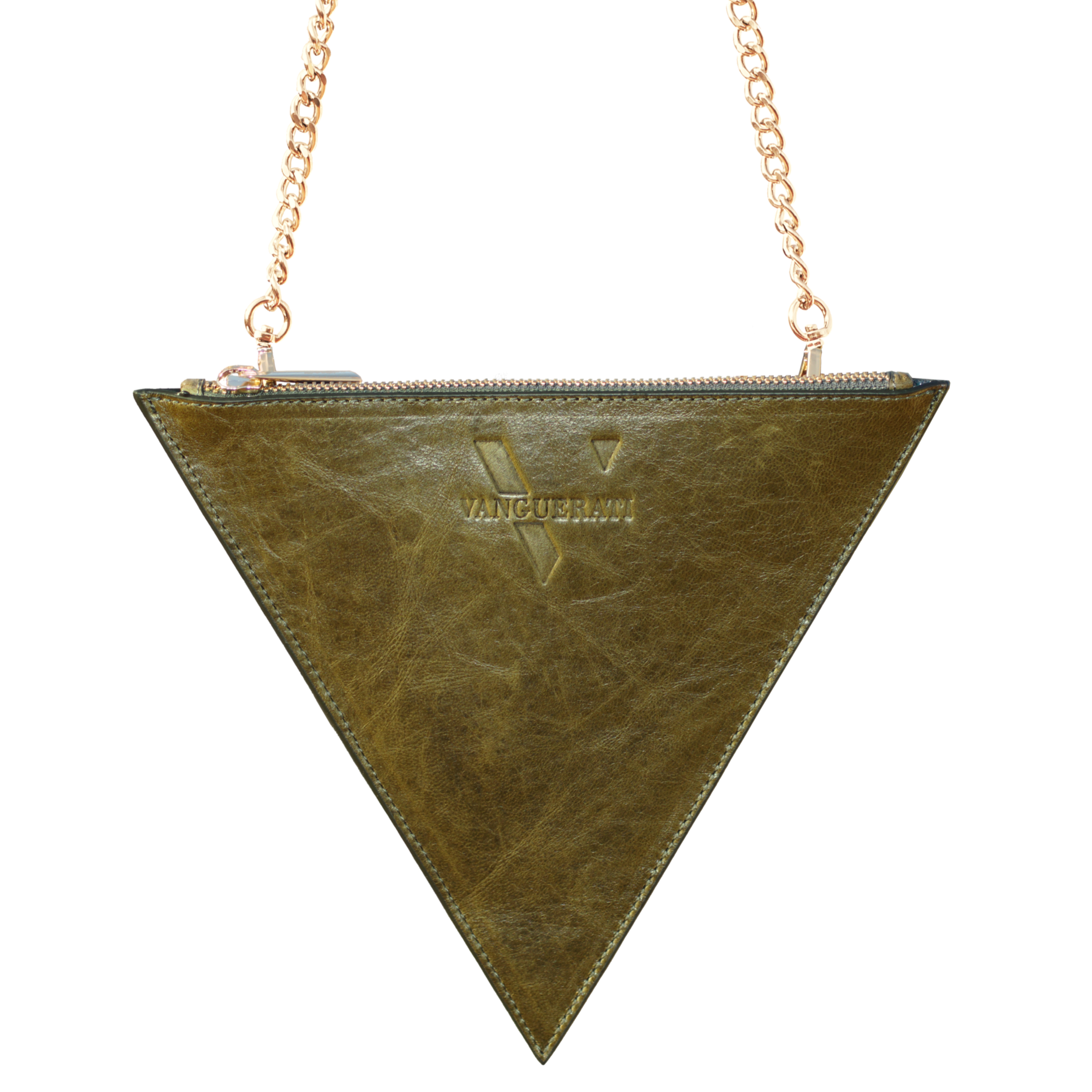 Triangular textured green leather bag