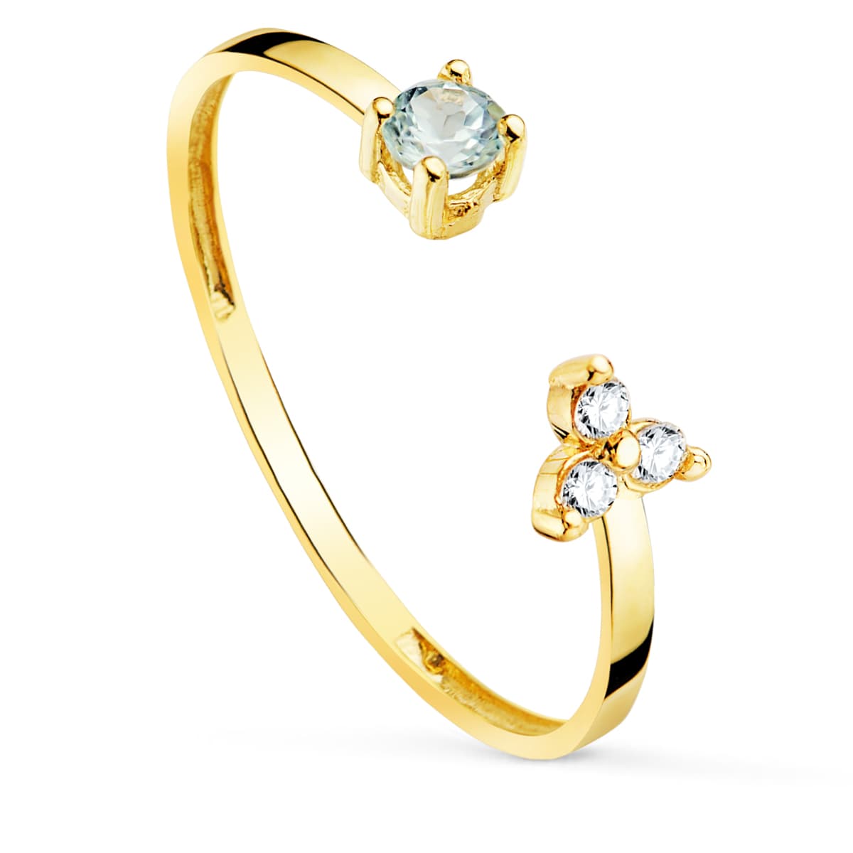Open aquamarine ring: 18 kt yellow gold with diamonds