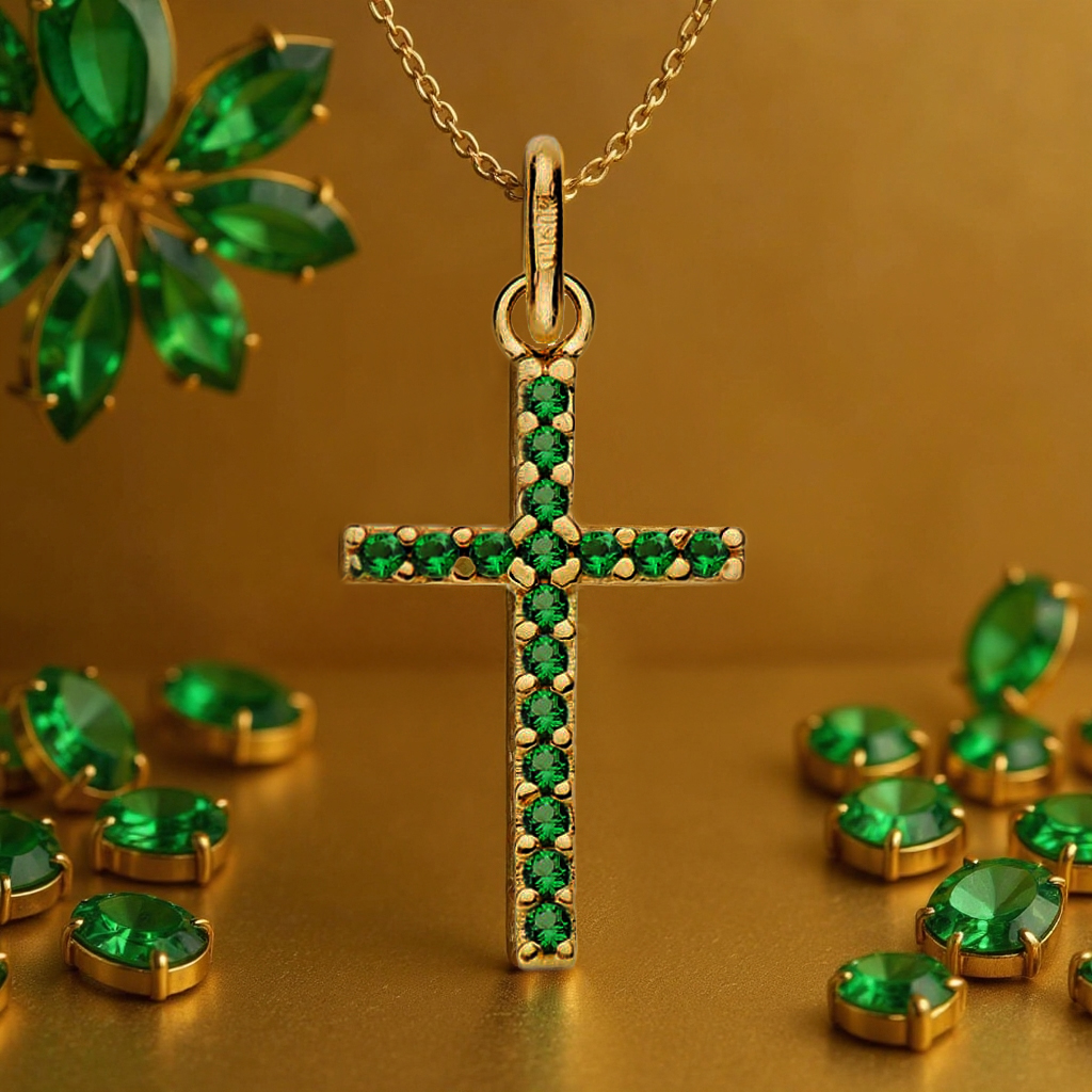 Modern cross green pendant: 18 kt yellow gold with zirconias