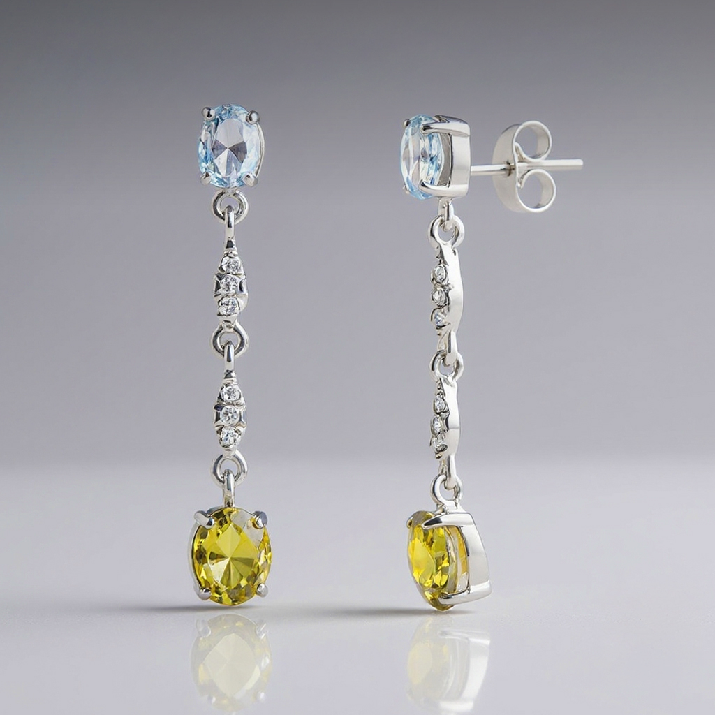 Vibrant earrings: 18 kt white gold with aquamarine and topaz
