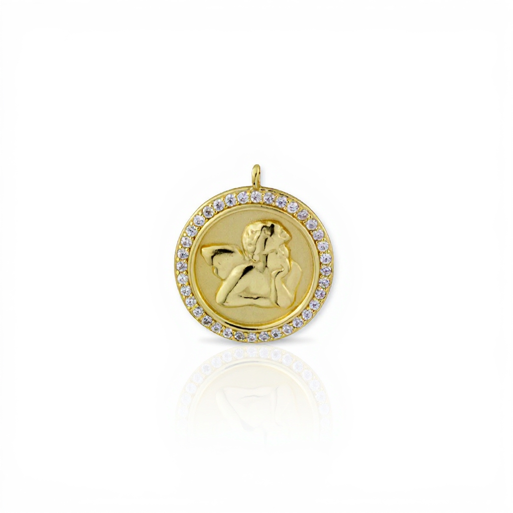 Angel Madonna Sixtina round medal: 925 sterling silver 18 kt gold plated with zirconias