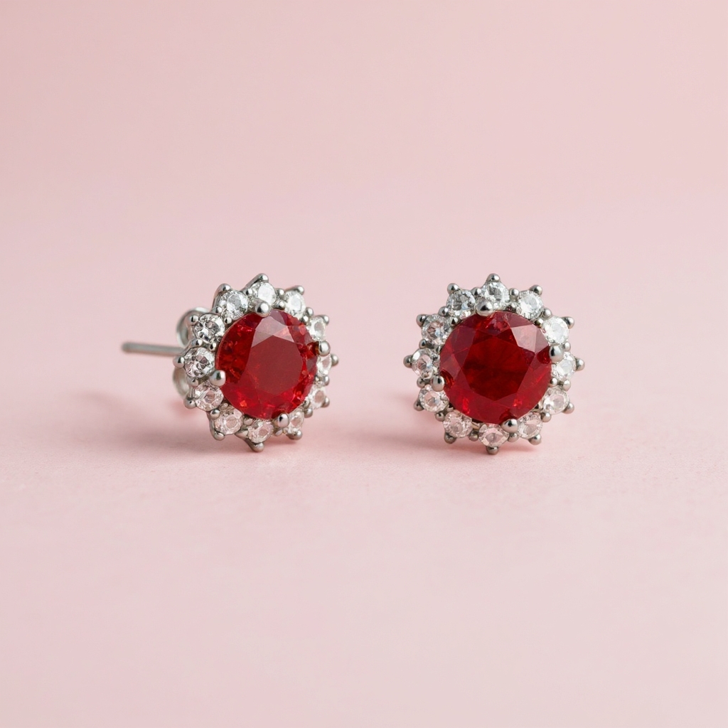 Royal round red earrings: 925 sterling silver