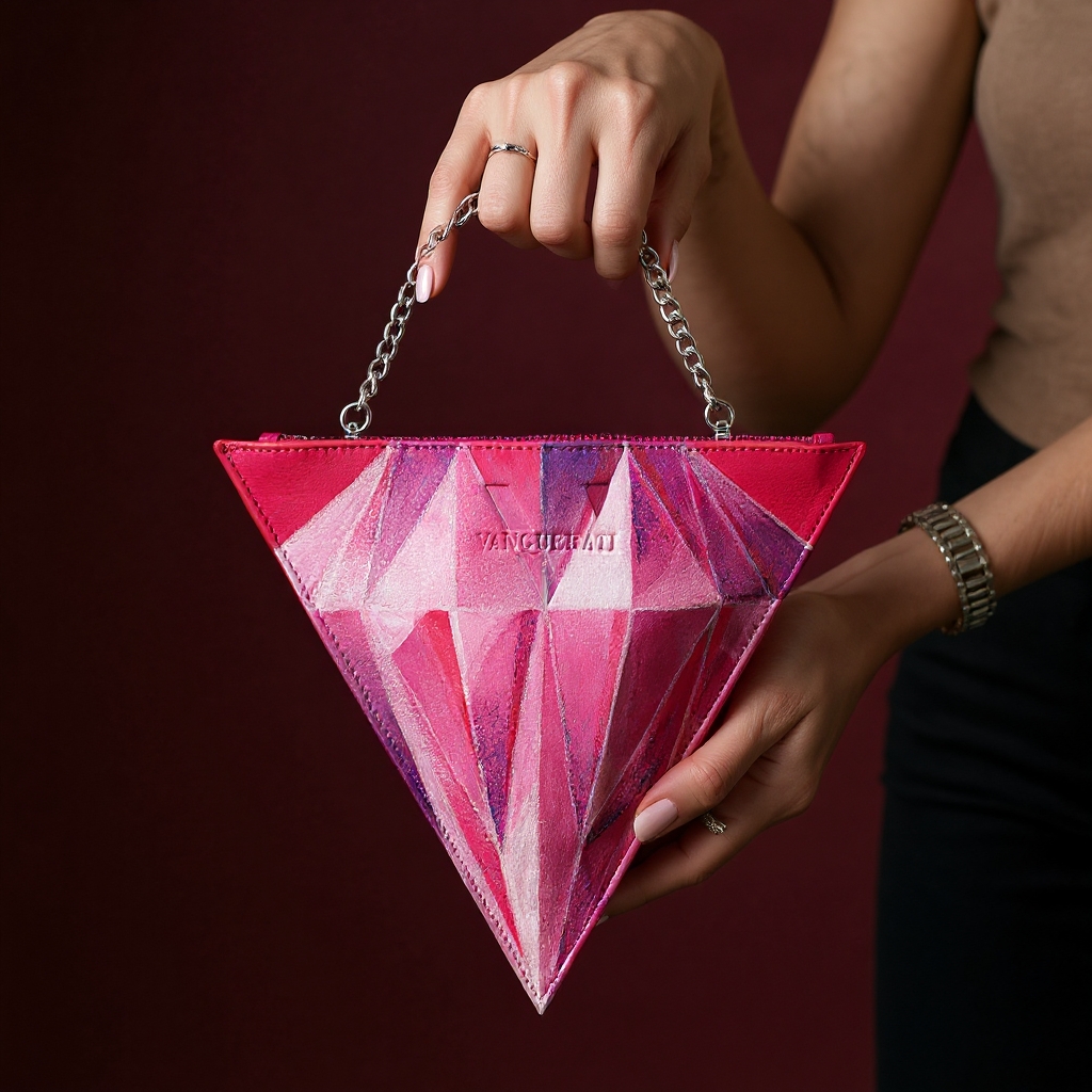 Triangular diamond pink hand-painted leather bag