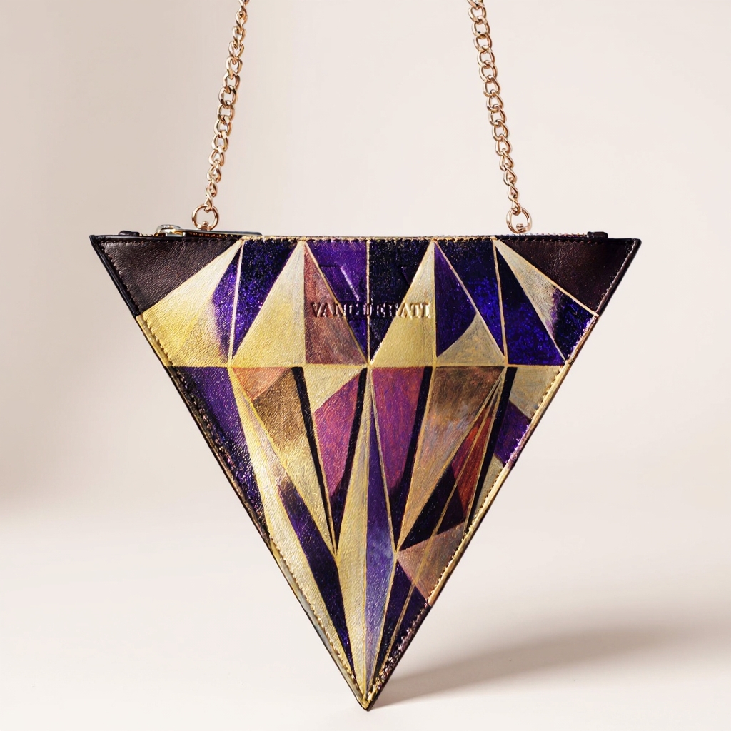 Triangular diamond brown hand-painted leather bag