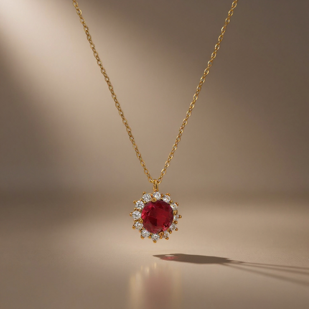 Royal red necklace: 925 sterling silver 18 kt gold plated with zirconias