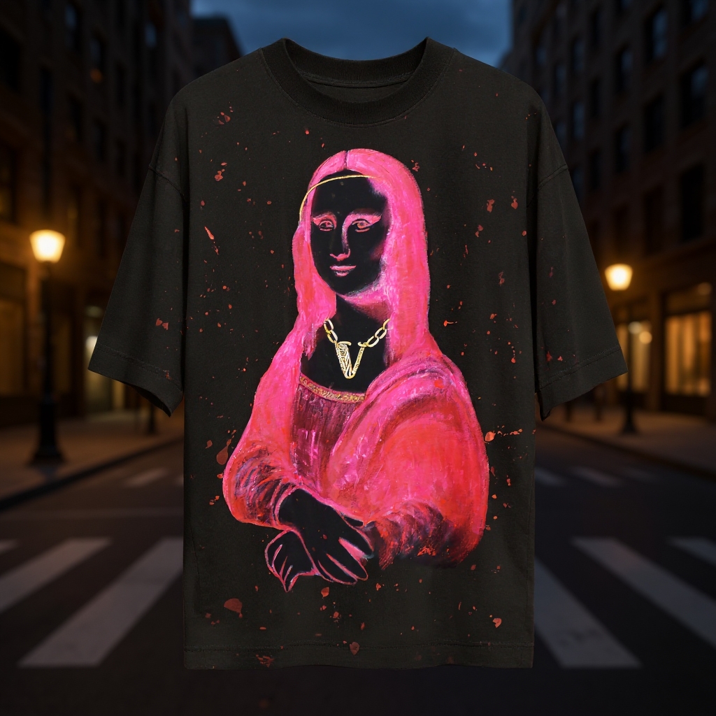 Pink Monalisa neon hand-painted T-shirt