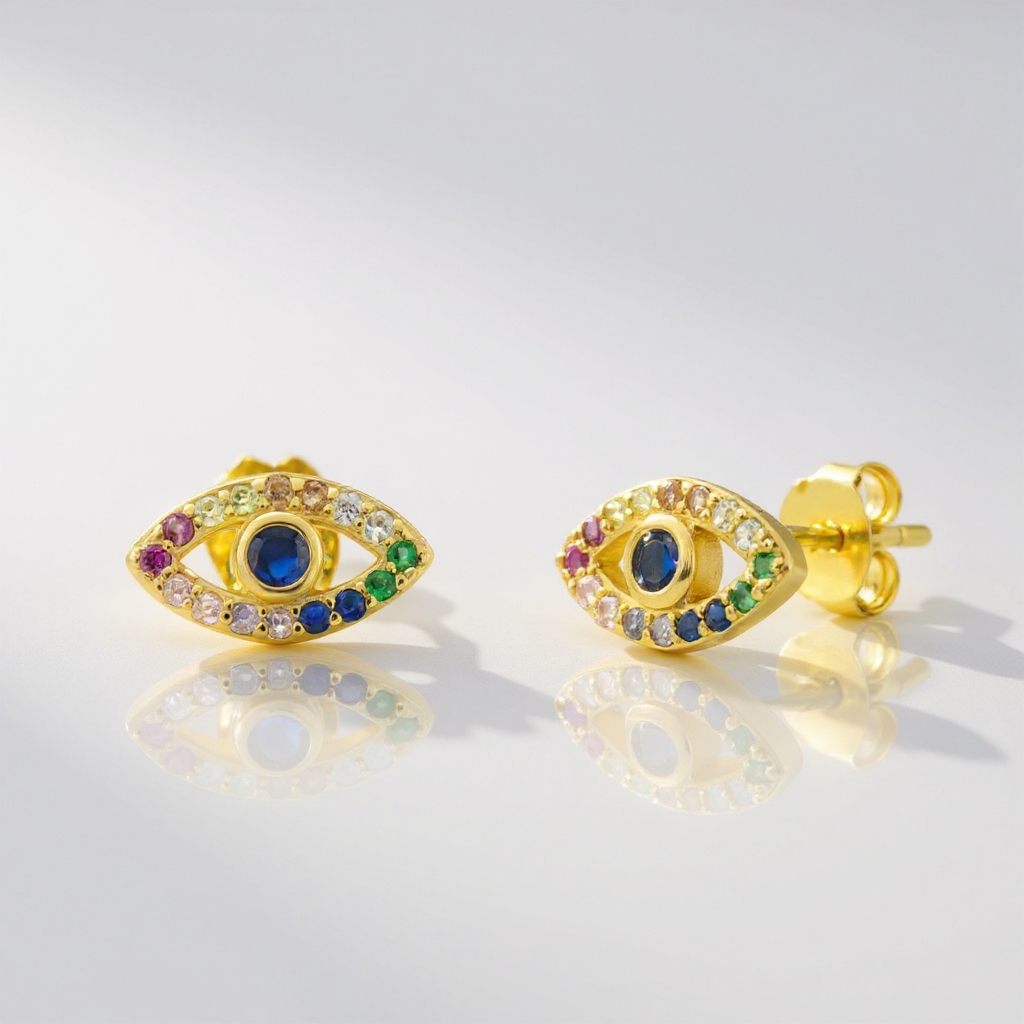 Evil eye stud earrings: 18 kt gold plated 925 sterling silver with rainbow zirconias