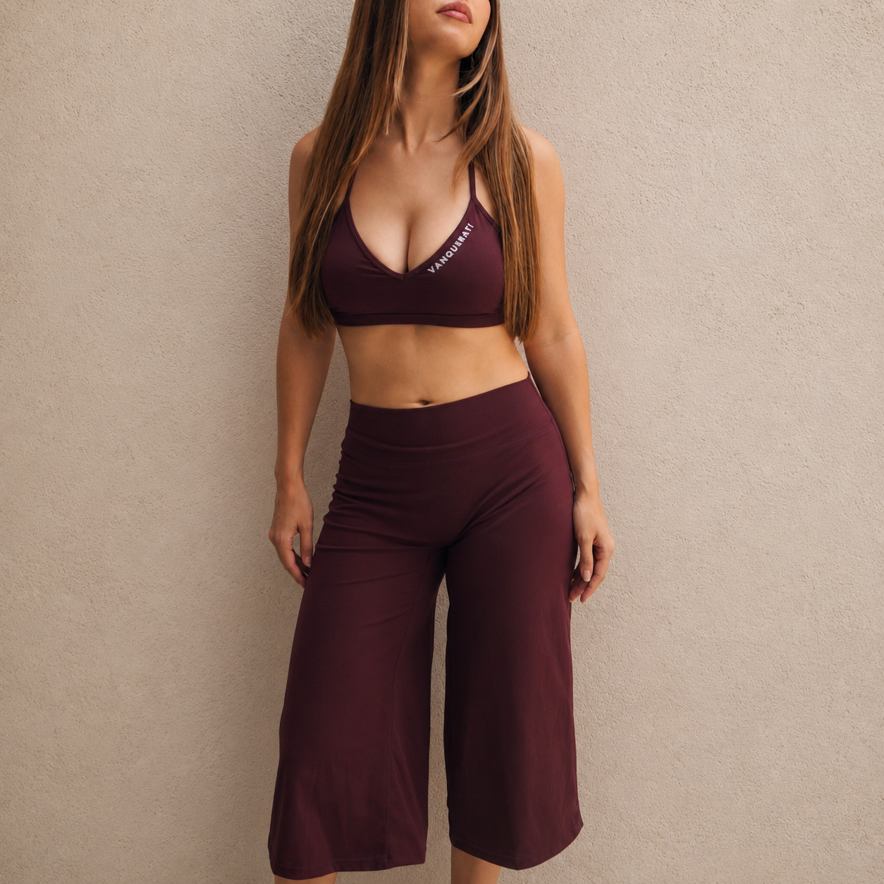 2-Piece Halter & Wide-Leg Cropped Set | Deep burgundy