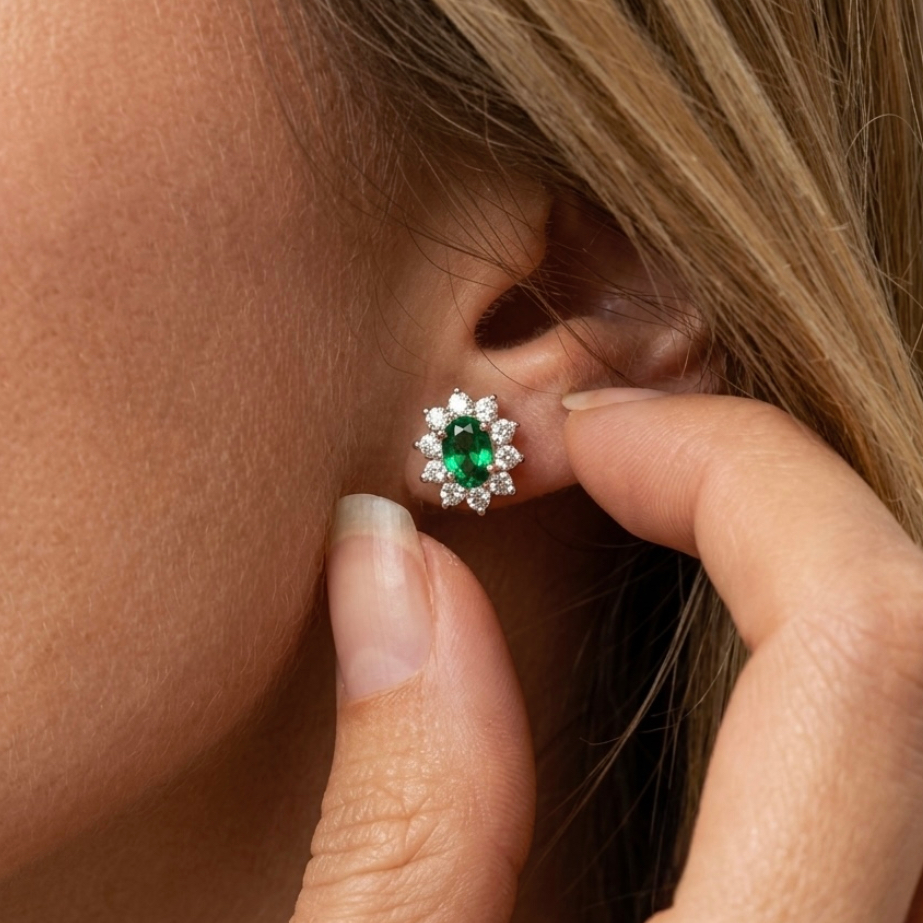 Emerald Green Halo Earrings | 18K Gold Plated 925 Sterling Silver