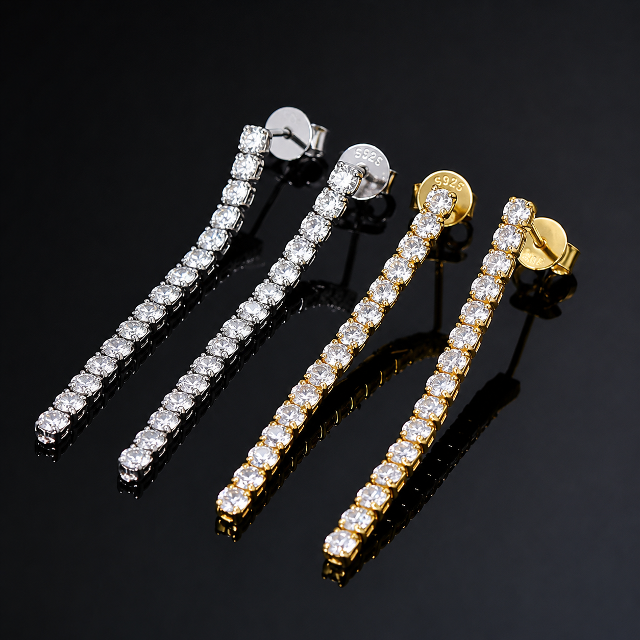 Moissanite Tennis Drop Earrings | Gold plated 925 Sterling Silver