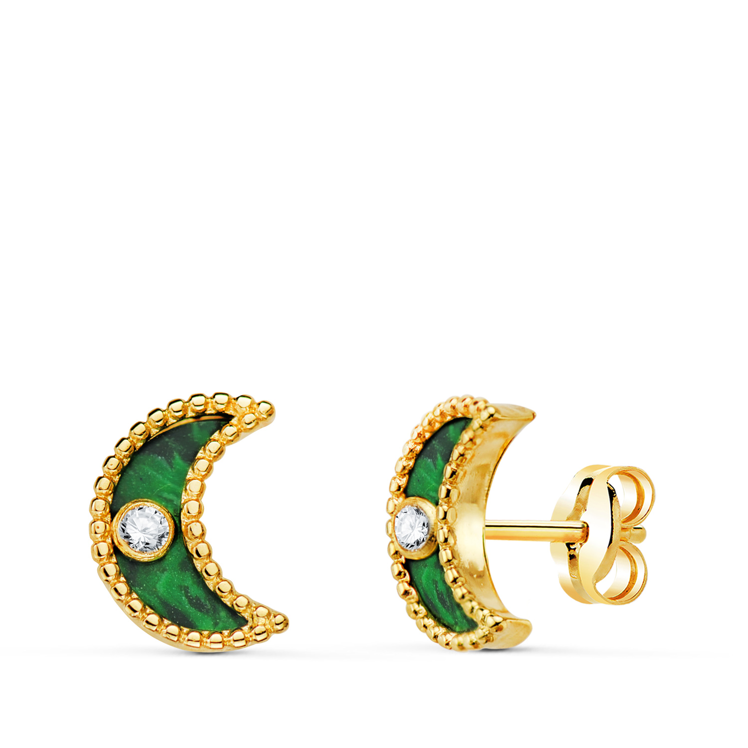 Malaquita moon earrings | 18K yellow gold with zirconias