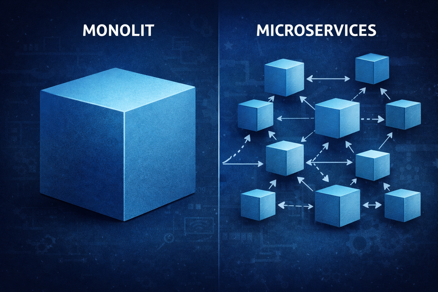 Illustration som visar skillnaden mellan monolitisk arkitektur och microservices i modern webbutveckling