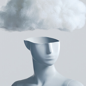 An illustration of a hollow bust of a woman's head with the top half cut off, and a cloud hovering above.