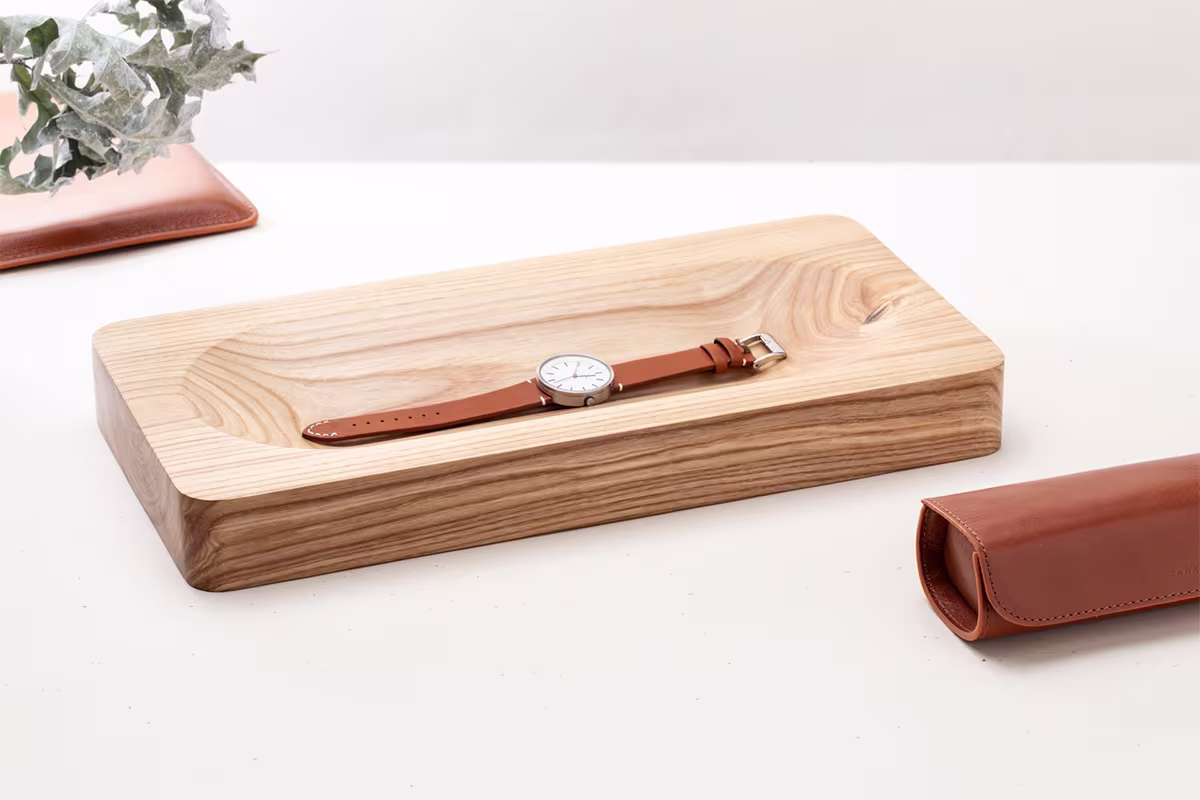 Chif sandblasted oak multipurpose tray styled in a Scandinavian interior by Anonymia, detail shot