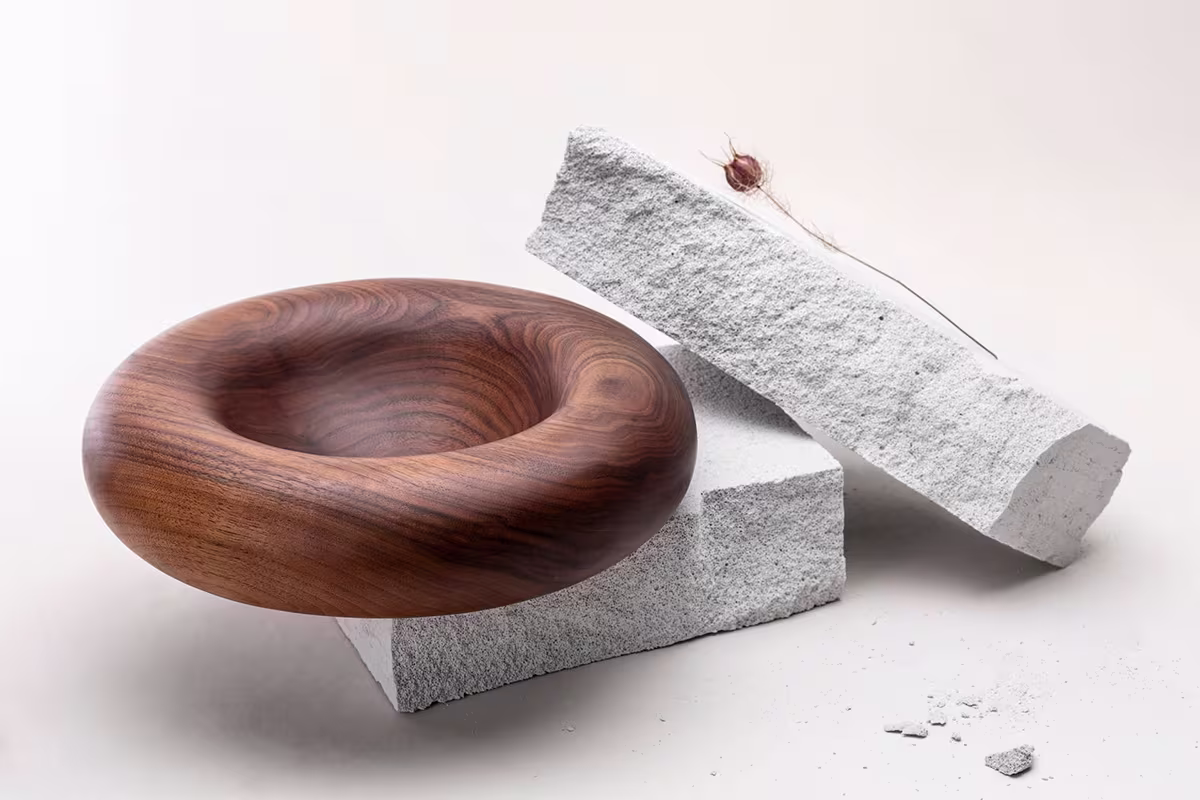 Close-up of handmade wood finishing process by Anonymia, product detail view