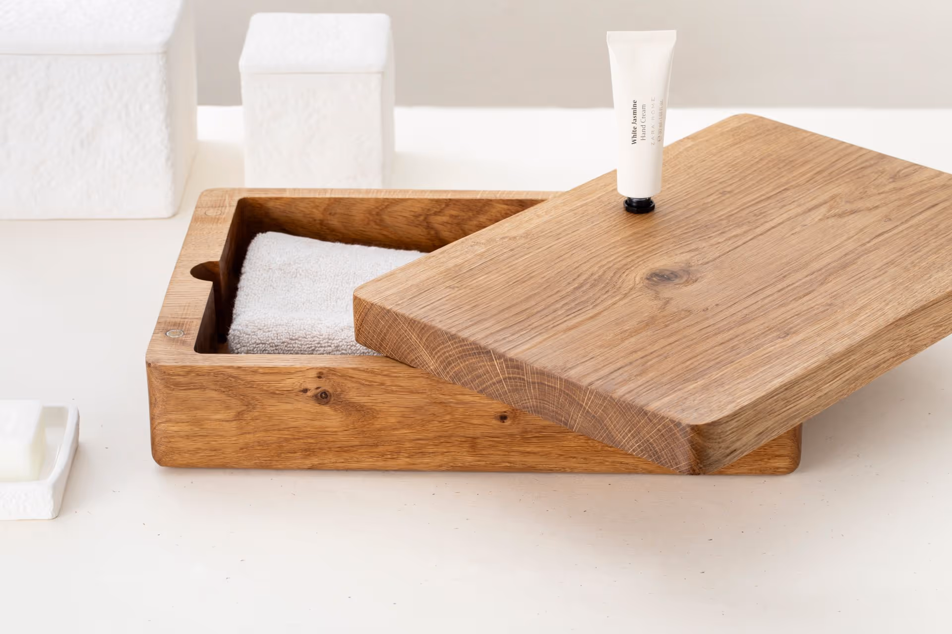 Glagk sandblasted oak box with lid styled in a Scandinavian interior by Anonymia