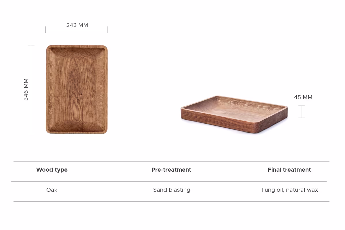 Solid sandblasted oak Nokk small tray handmade by Anonymia studio, close-up view