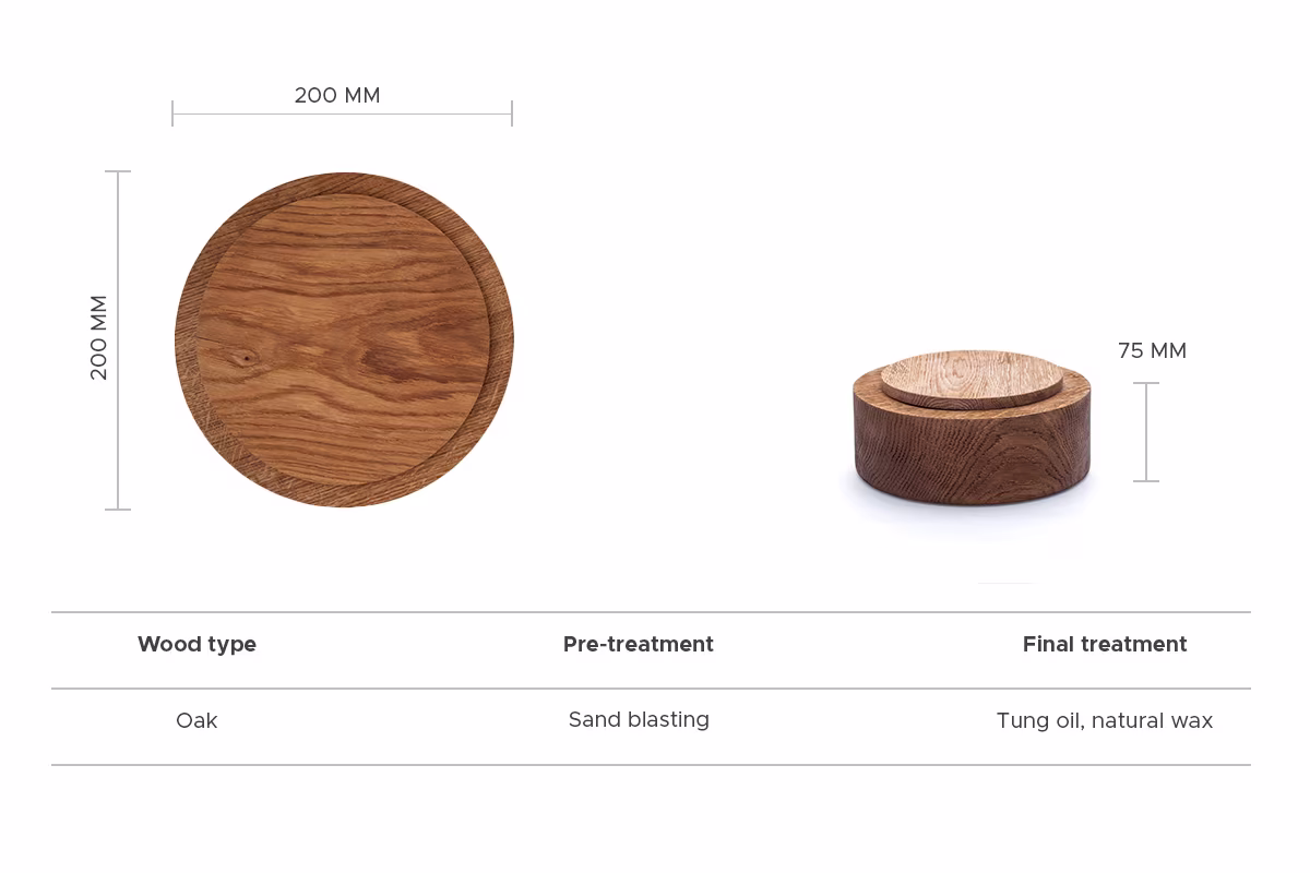 Swits sandblasted oak pedestal stand handcrafted by Anonymia for the home, close-up view