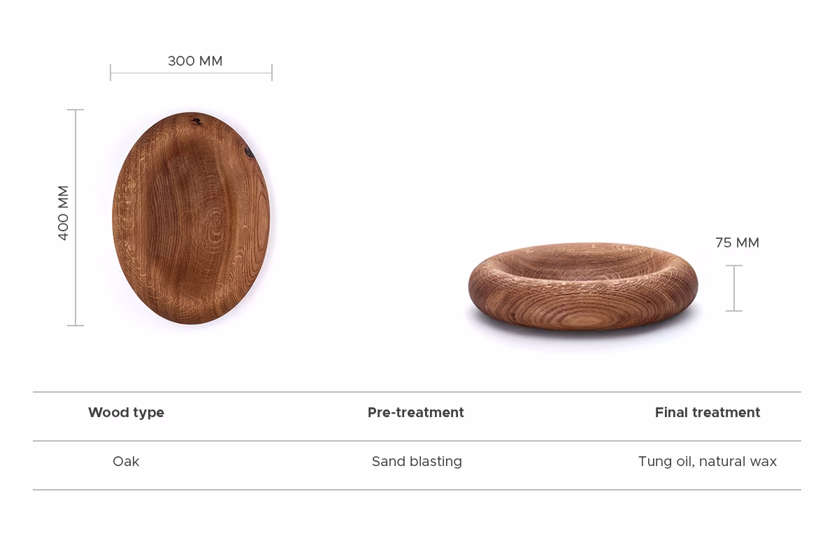 Handmade Clong sandblasted oak oval bowl by Anonymia, Danish design studio