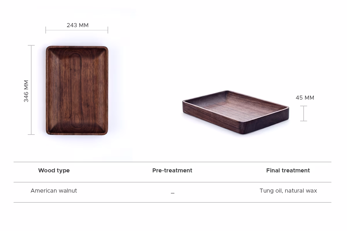 Nokk small tray: technical drawing with dimensions, walnut