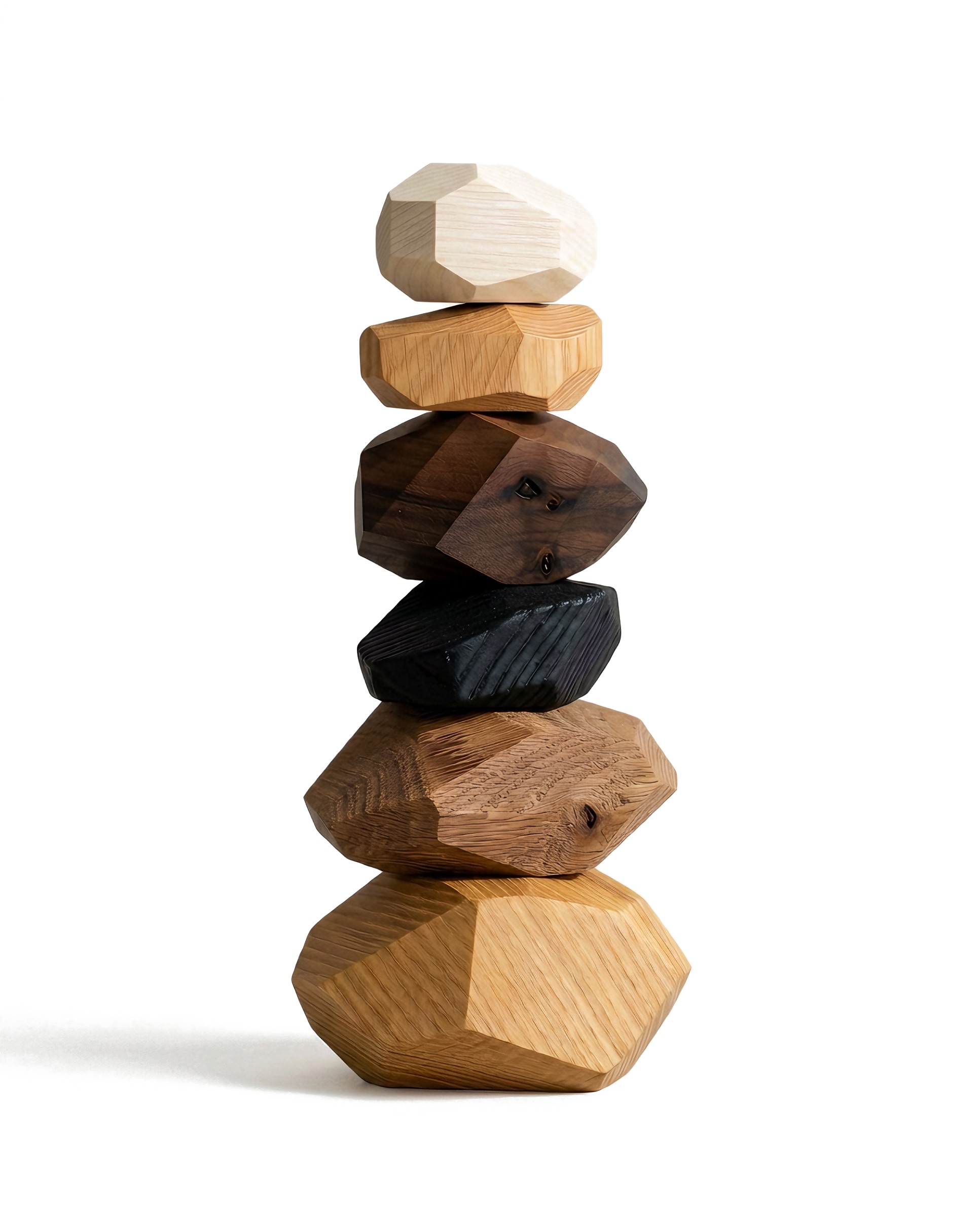 Anonymia® Sample Box: six faceted wooden stones stacked, one per finish