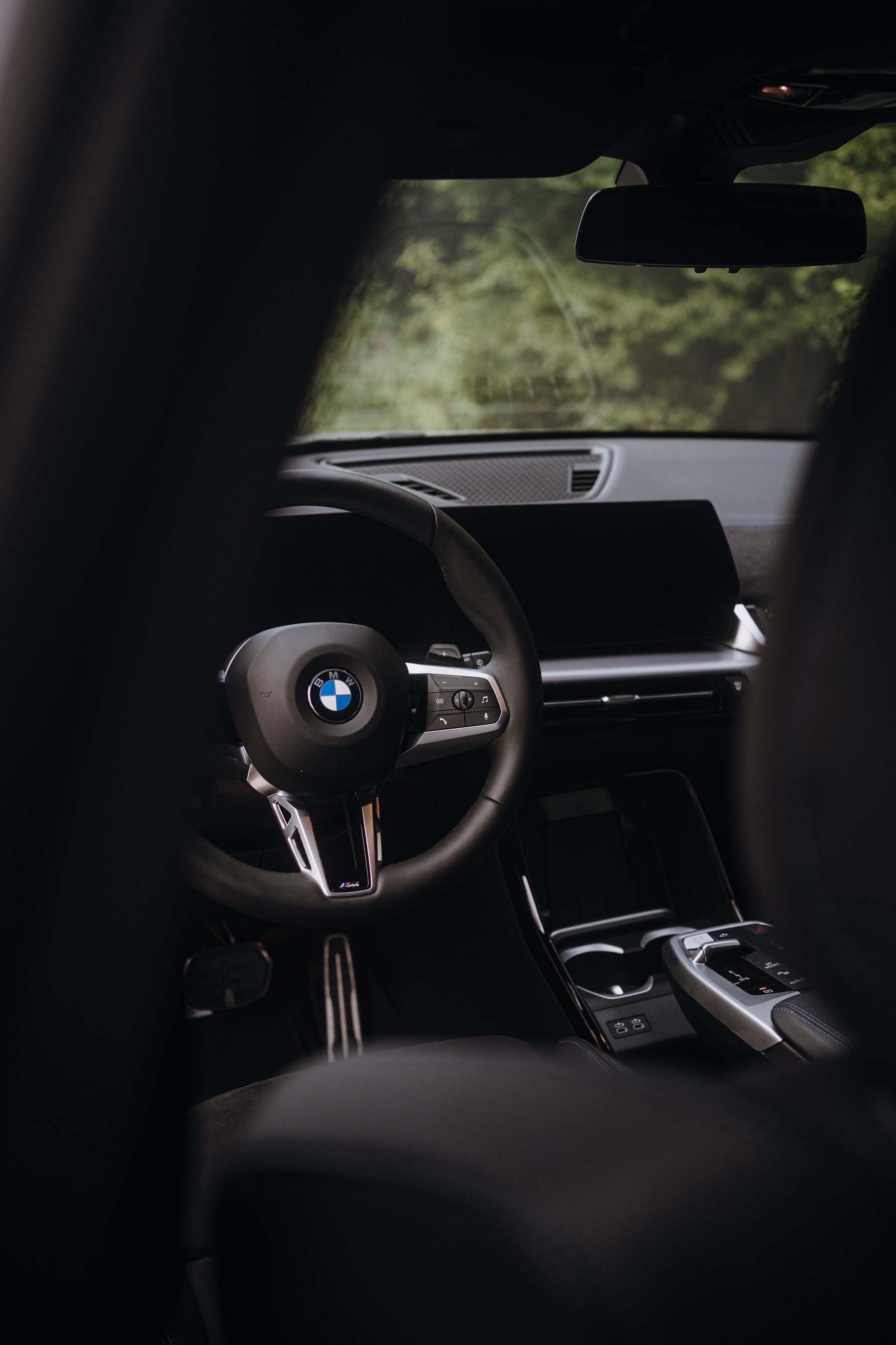 Cockpit des BMW X1 mit M Lederlenkrad und BMW Curved Display, Blick durch die Fahrertür