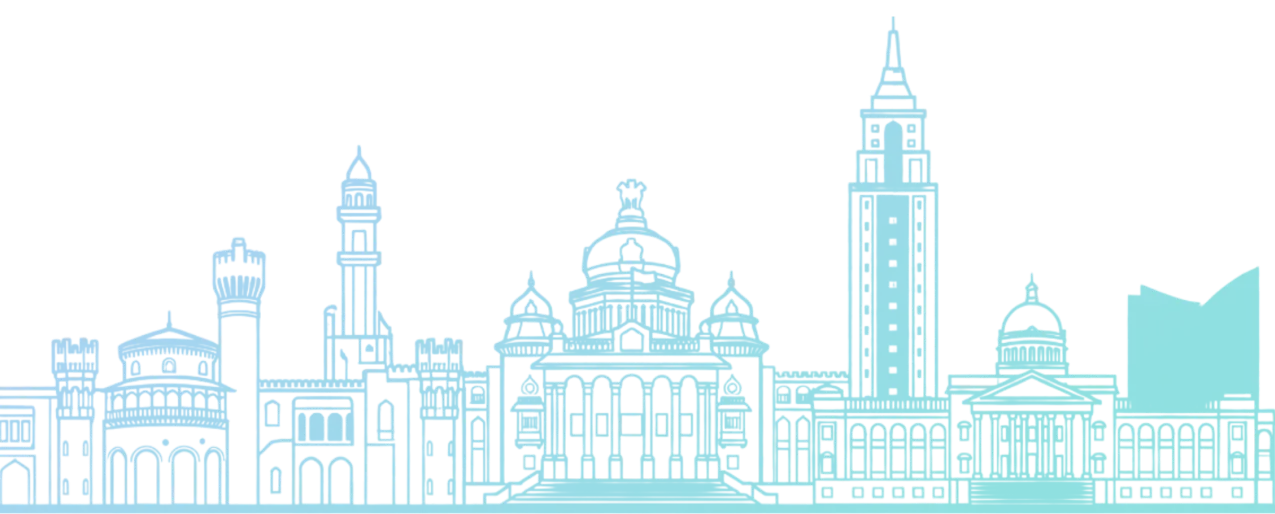 Blue outline illustration of Bengaluru city skyline featuring prominent buildings and landmarks.