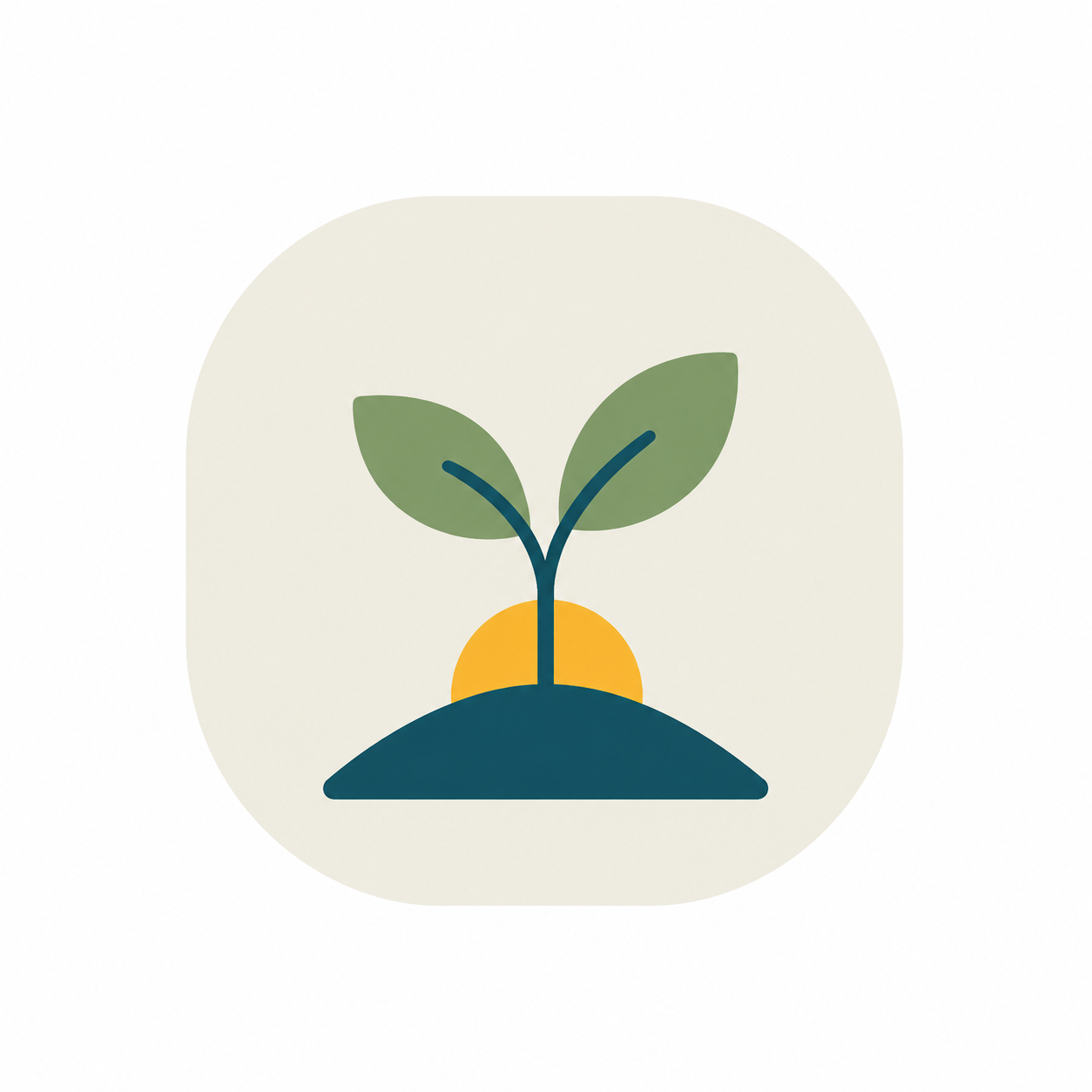 Green sprout with two leaves growing from a blue mound with an orange sun behind it.