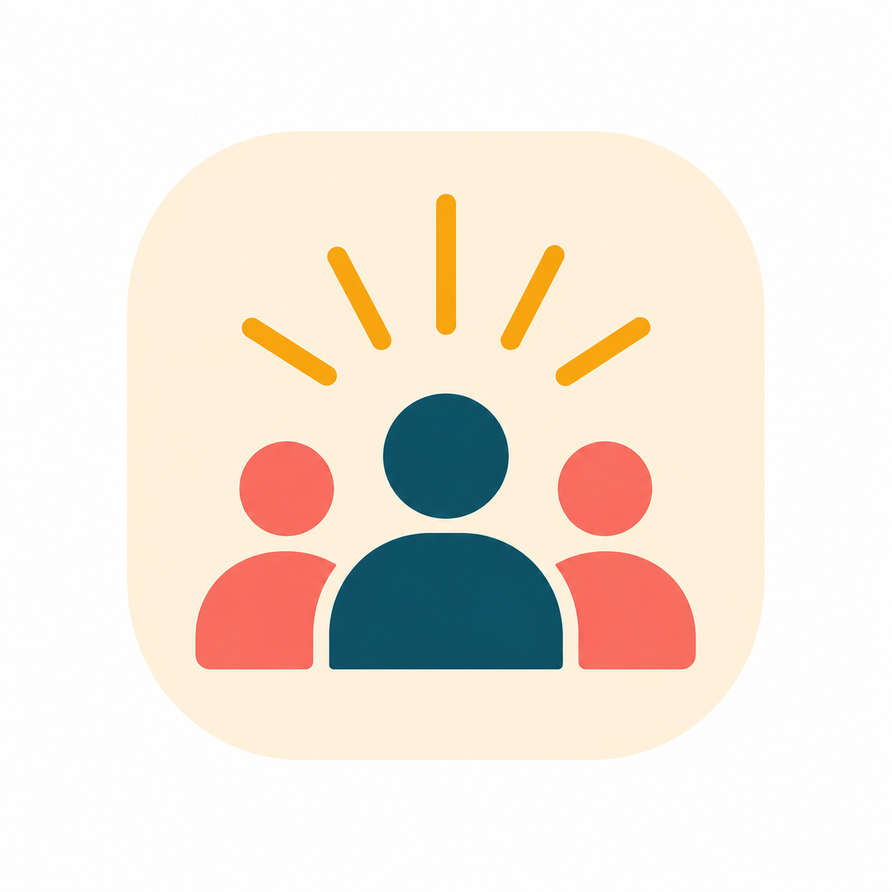Icon of a dark blue person with yellow lines above, flanked by two coral pink people on a beige background.