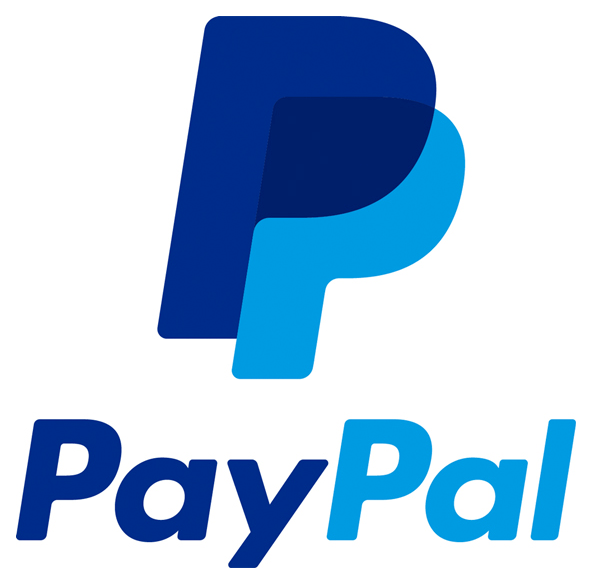 PayPal logo with two overlapping capital P letters in blue shades and the word PayPal below.