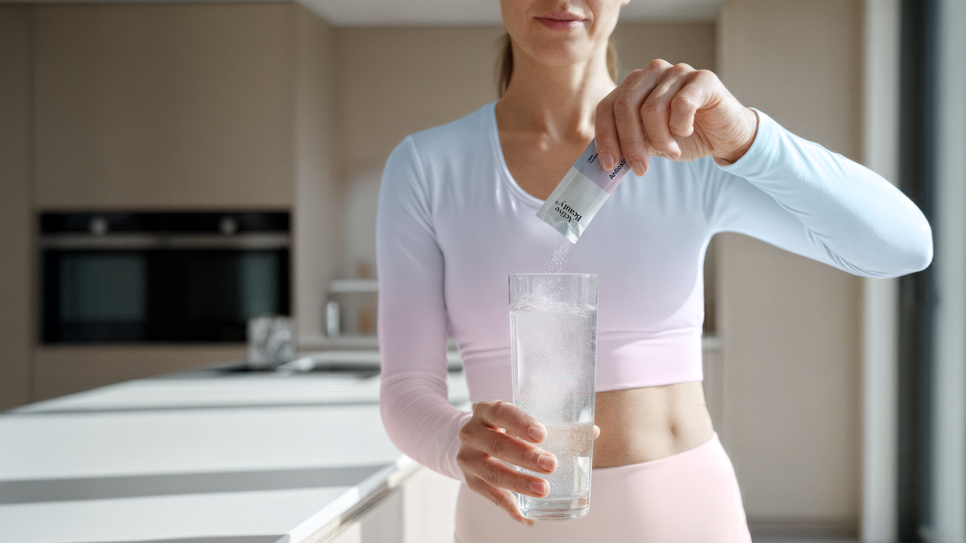 a woman pouring active beauty stick to her water