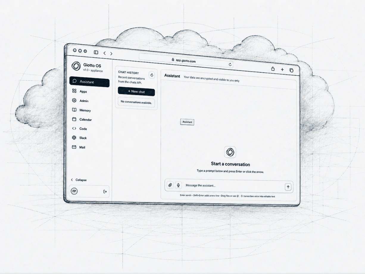 Sketch-style interface of Giotto OS assistant with chat history, apps menu, and cloud background.