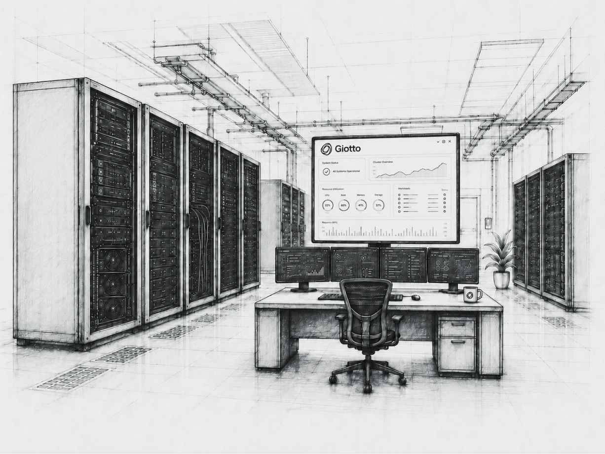 Data center room with server racks and a desk featuring multiple monitors displaying system status and charts.