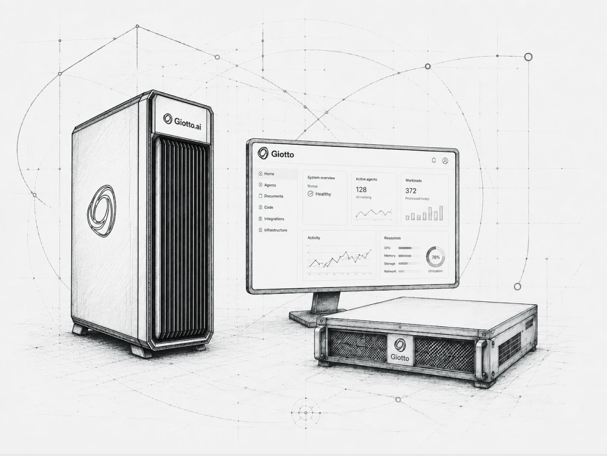 Sketch of Giotto.ai server tower, rack unit, and monitor displaying system overview and stats.