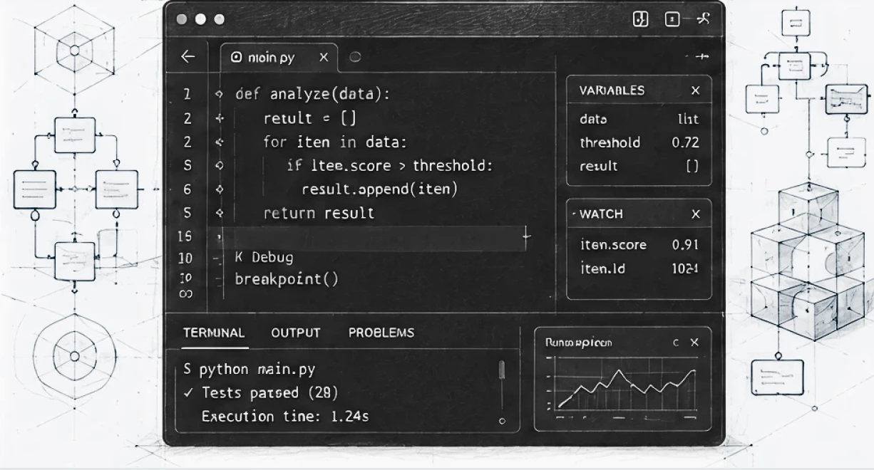 Dark-themed code editor screen showing Python code, variable watch, terminal output, and flowchart diagrams.