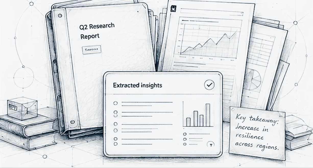 Stack of documents including a Q2 Research Report, charts, and a note on increased resilience across regions.