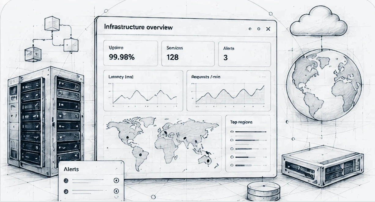 Sketch of server racks, cloud, world map, and infrastructure overview dashboard with uptime and alerts.