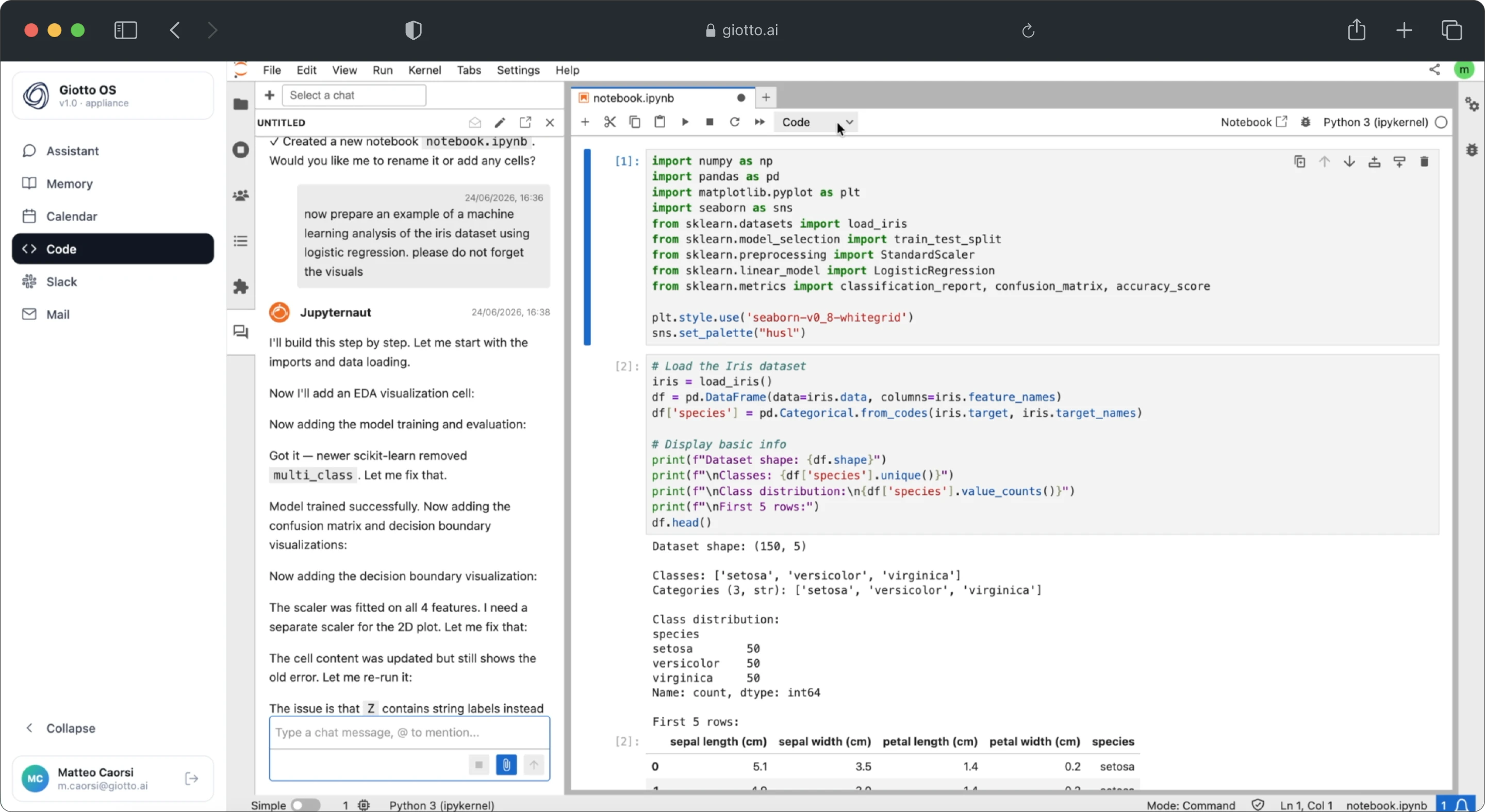 Screenshot of a coding environment showing Python code analyzing the Iris dataset with logistic regression.