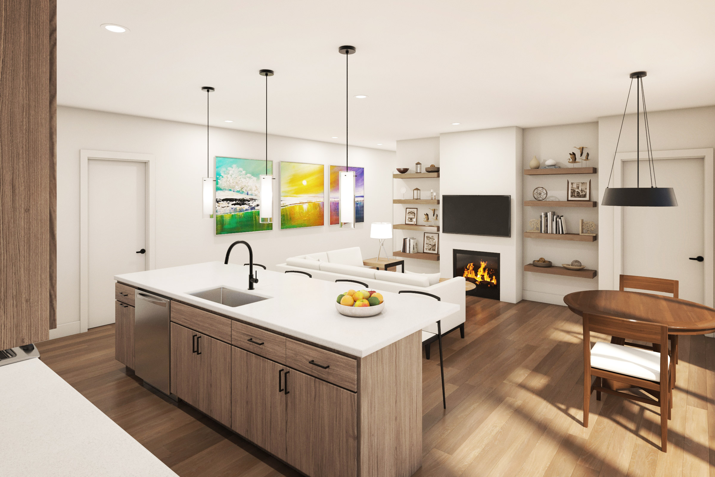 Kitchen and living room rendering